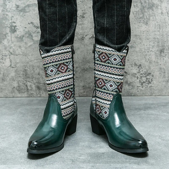 Νέες ανδρικές δερμάτινες μπότες μόδας με κέντημα με φερμουάρ στη μέση της γάμπας Western Cowboy Motorcycle Knight Boots Youth Trends Μακρυ μποτάκι με μύτη