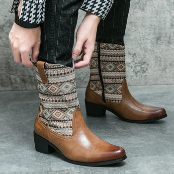 Νέες ανδρικές δερμάτινες μπότες μόδας με κέντημα με φερμουάρ στη μέση της γάμπας Western Cowboy Motorcycle Knight Boots Youth Trends Μακρυ μποτάκι με μύτη