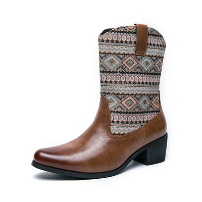 Jauni modes vīriešu ādas zābaki ar izšūtu rāvējslēdzēju līdz teļa vidum Rietumu kovboju motocikla bruņinieku zābaki jauniešiem ar smailu purngalu garie zābaki