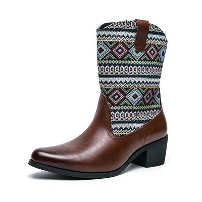 Jauni modes vīriešu ādas zābaki ar izšūtu rāvējslēdzēju līdz teļa vidum Rietumu kovboju motocikla bruņinieku zābaki jauniešiem ar smailu purngalu garie zābaki