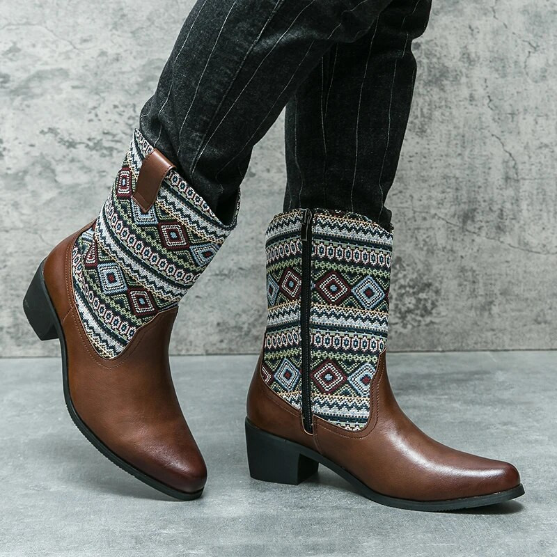 Jauni modes vīriešu ādas zābaki ar izšūtu rāvējslēdzēju līdz teļa vidum Rietumu kovboju motocikla bruņinieku zābaki jauniešiem ar smailu purngalu garie zābaki