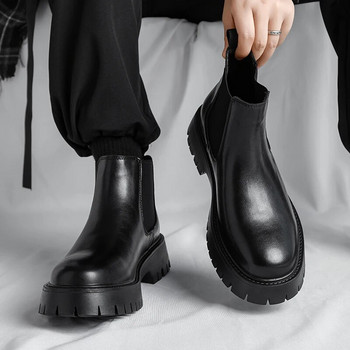 Обувки с дебели подметки Мъжки увеличени ботуши Челси Социални кожени зимни къси ботуши Бизнес ботуши Кожени плюшени обувки с кръгли пръсти