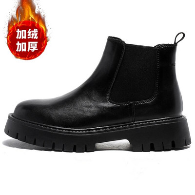Apavi ar biezu zoli Vīriešu apģērbi Chelsea zābaki Sociālie ādas ziemas īsie zābaki biznesa zābaki Ādas plīša apaļas purngala kurpes