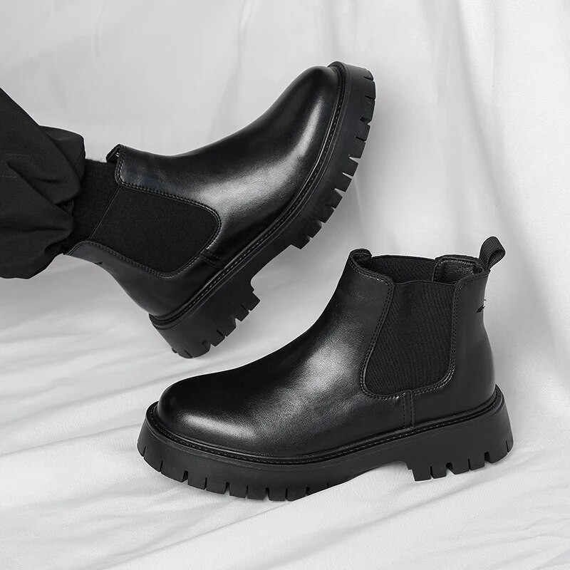 Apavi ar biezu zoli Vīriešu apģērbi Chelsea zābaki Sociālie ādas ziemas īsie zābaki biznesa zābaki Ādas plīša apaļas purngala kurpes
