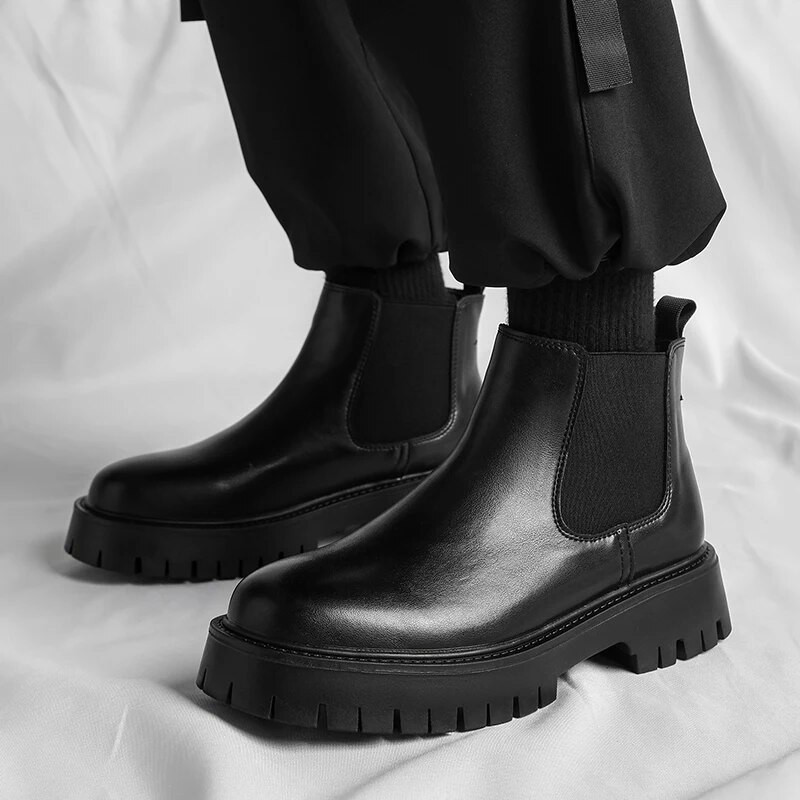 Apavi ar biezu zoli Vīriešu apģērbi Chelsea zābaki Sociālie ādas ziemas īsie zābaki biznesa zābaki Ādas plīša apaļas purngala kurpes