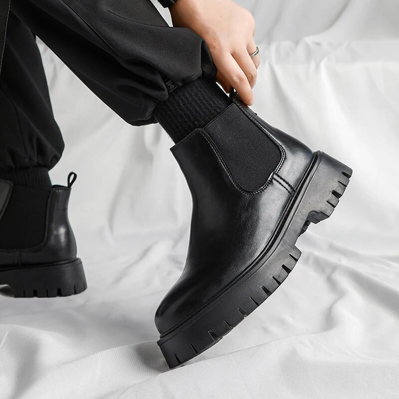 Apavi ar biezu zoli Vīriešu apģērbi Chelsea zābaki Sociālie ādas ziemas īsie zābaki biznesa zābaki Ādas plīša apaļas purngala kurpes