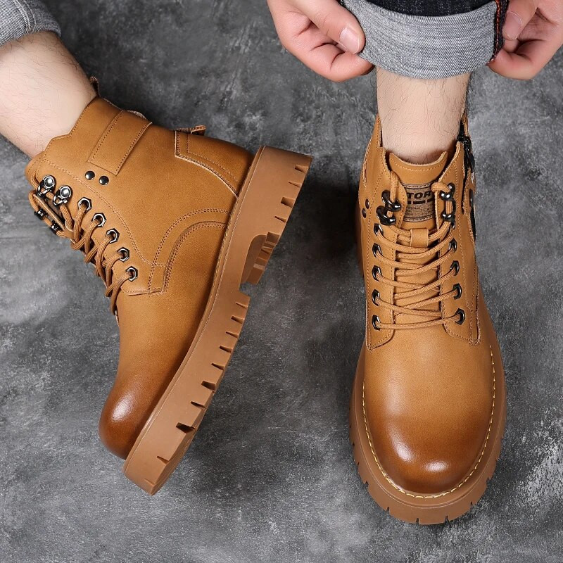 Āra ādas zābaki vīrietim silti plīša augstas augšdaļas klasiski klasiski Anglijas vīriešu potīšu zābaki Modes jauni, apaļi purngali, moderni kovboju zābaki