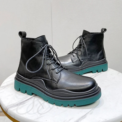 Ziemas augstas kvalitātes Chelsea vīriešu zābaki šņorzābaki ar augstu augšdaļu ādas zābaki bieza zole apaļa purngala dzeltena zaļa zole motociklistu zābaki
