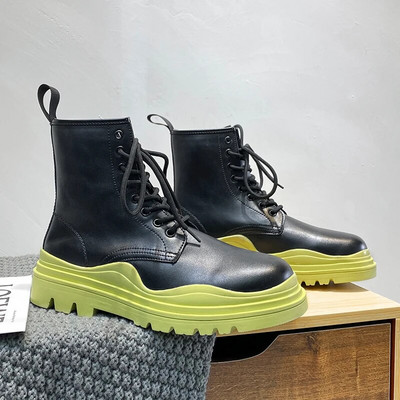 Ziemas augstas kvalitātes Chelsea vīriešu zābaki šņorzābaki ar augstu augšdaļu ādas zābaki bieza zole apaļa purngala dzeltena zaļa zole motociklistu zābaki