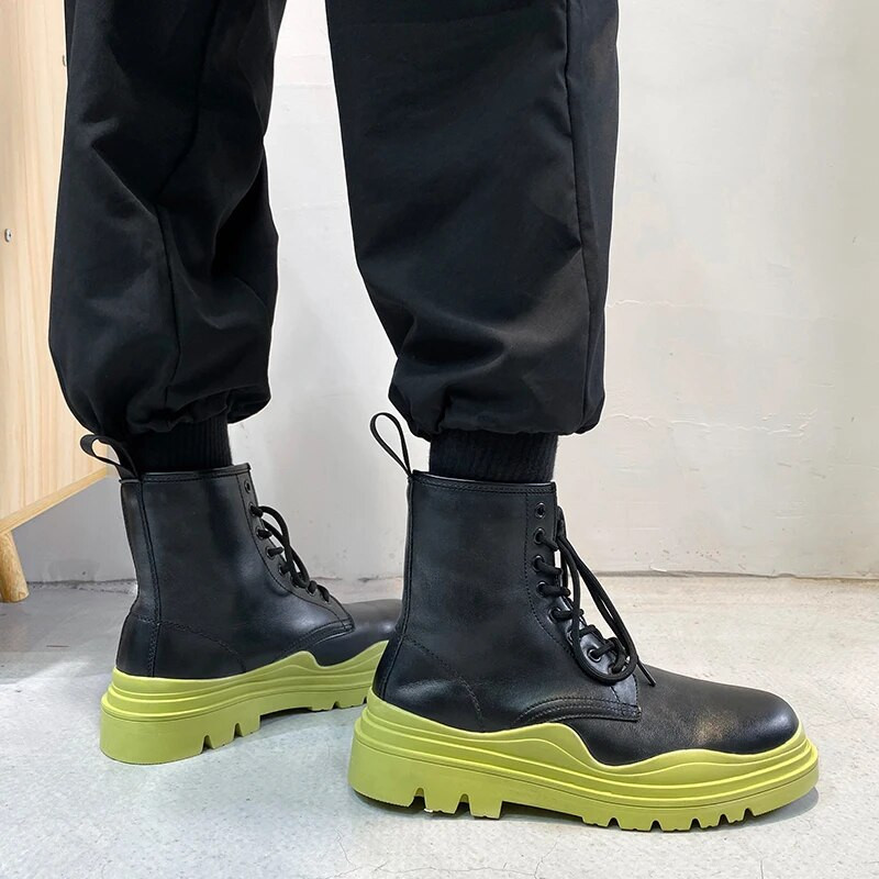 Ziemas augstas kvalitātes Chelsea vīriešu zābaki šņorzābaki ar augstu augšdaļu ādas zābaki bieza zole apaļa purngala dzeltena zaļa zole motociklistu zābaki