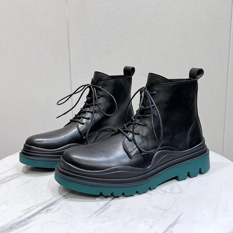 Ziemas augstas kvalitātes Chelsea vīriešu zābaki šņorzābaki ar augstu augšdaļu ādas zābaki bieza zole apaļa purngala dzeltena zaļa zole motociklistu zābaki