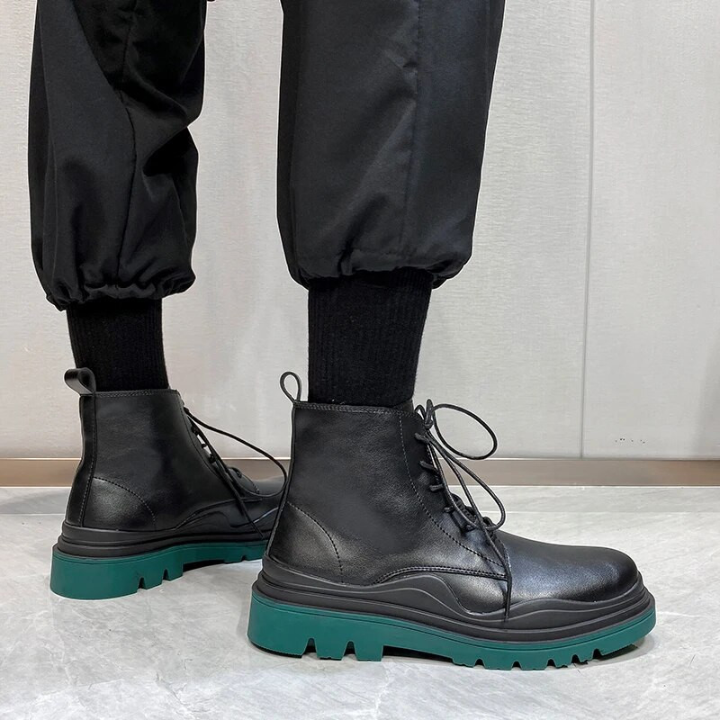 Ziemas augstas kvalitātes Chelsea vīriešu zābaki šņorzābaki ar augstu augšdaļu ādas zābaki bieza zole apaļa purngala dzeltena zaļa zole motociklistu zābaki