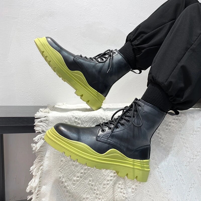 Ziemas augstas kvalitātes Chelsea vīriešu zābaki šņorzābaki ar augstu augšdaļu ādas zābaki bieza zole apaļa purngala dzeltena zaļa zole motociklistu zābaki