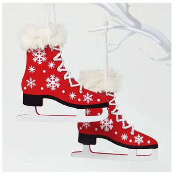 Коледни дървени обувки за кънки за лед Висящ орнамент, висулка с камбанка, украса за коледно дърво, домашен декор, 1 бр.