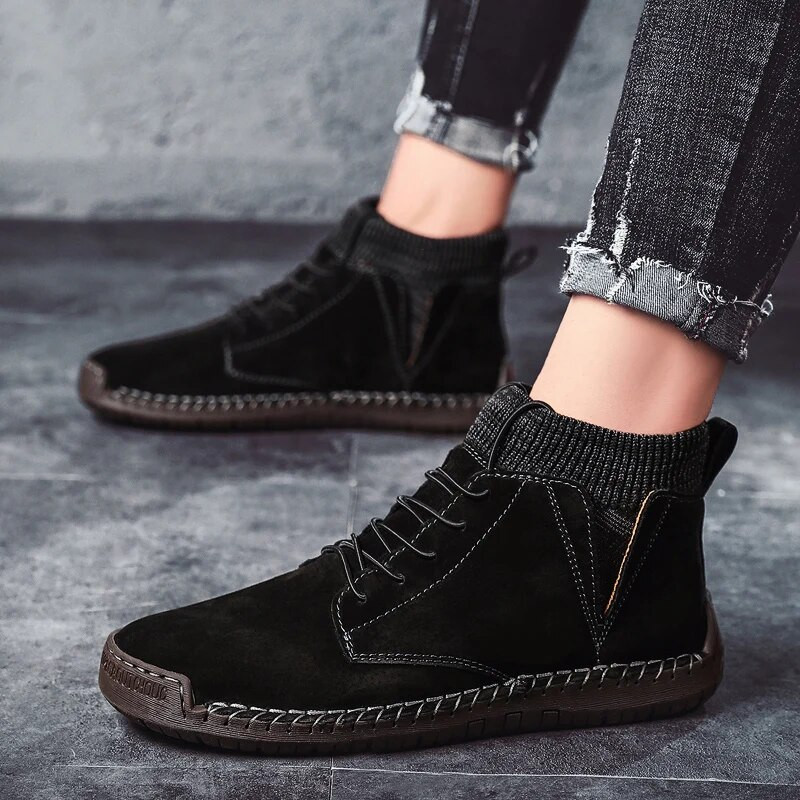 Zīmolu vīriešu sniega zābaki Ziemas plīša silti vīriešu motociklu zābaki Neslīdoši ādas vīriešu sniega zābaki rudens vīriešu darba apavi Karstā izpārdošana