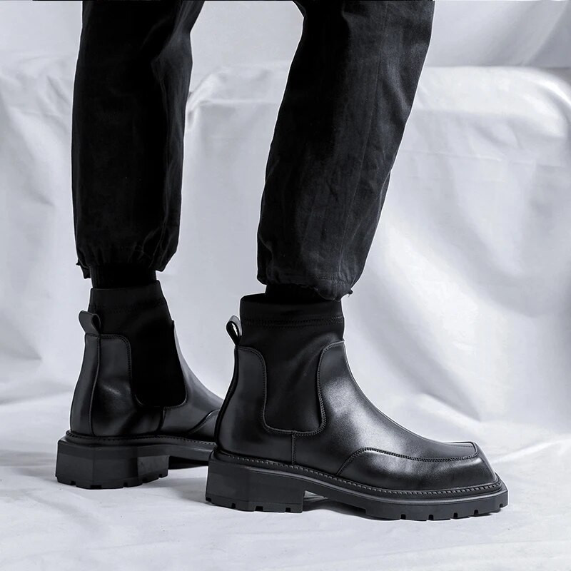 Luksusa zīmola Kāzu Bizness Melni Vīriešu Zābaki Zeķes Piedurknes Ādas Zābaki Chelsea Ādas Zābaki Kleita Ikdienišķa Puszābaku Apavi