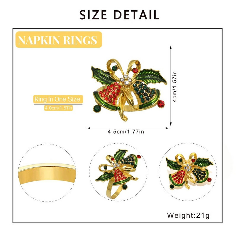 6Gb Jingle Bell salvešu turētāja gredzeni Ziemassvētku kāzu Jaungada svētku ballītēm Kāzu pusdienu galda dekorēšana HWC29