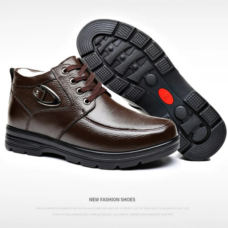 Jaunums vīriešu dabīgās ādas zābakos Ziemas sniega kurpes Vilnas iekšpuse, neslīdoši tēva potītes zābaki Ūdensizturīgi silti vīrieša kokvilnas zābaki