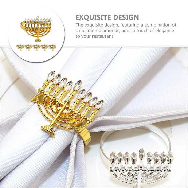 6бр. Държачи за пръстени за салфетки от сплав Ханука Пръстени за салфетки във формата на менора Аксесоари за маса