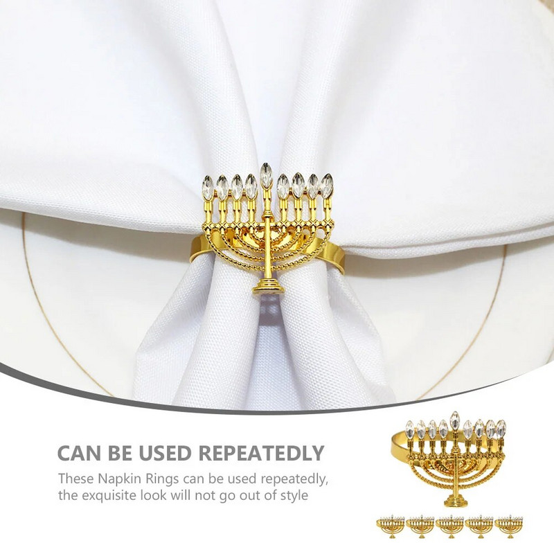 6бр. Държачи за пръстени за салфетки от сплав Ханука Пръстени за салфетки във формата на менора Аксесоари за маса