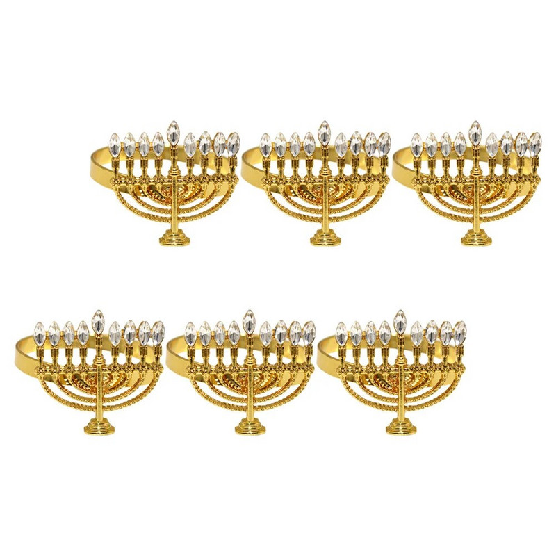 6бр. Държачи за пръстени за салфетки от сплав Ханука Пръстени за салфетки във формата на менора Аксесоари за маса