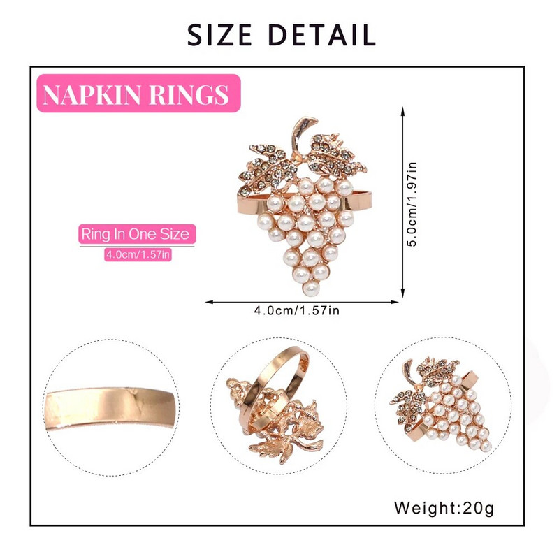 6Gb Rozā zelta salvešu gredzeni Vīnogu salvešu gredzenu turētāji ģimenes svētku vakariņām banketiem kāzu ballīšu galda dekorācijas HWP02