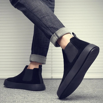 Нови високи модни ботуши Челси ботуши за мъже Винтидж британски кожени ботуши Мъжки модни ежедневни черни обувки на платформа за мъже