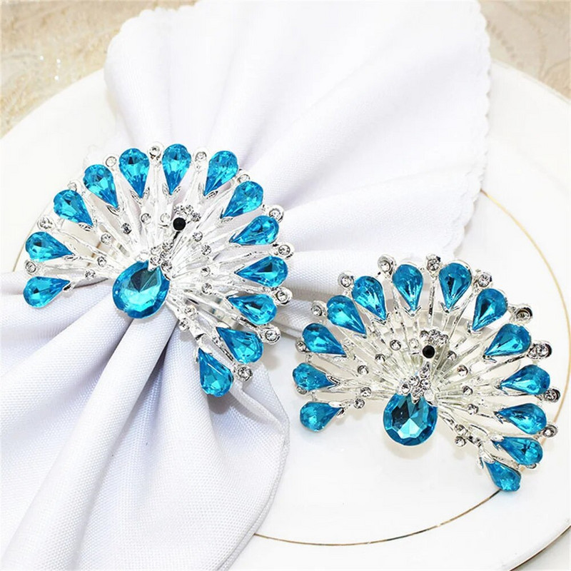 Δαχτυλίδι για χαρτοπετσέτα 2 τμχ Peacock Δαχτυλίδι θήκης για χαρτοπετσέτα από ασημί μπλε στρας για χριστουγεννιάτικο πάρτι γενεθλίων διακόσμηση τραπεζιού σπιτιού