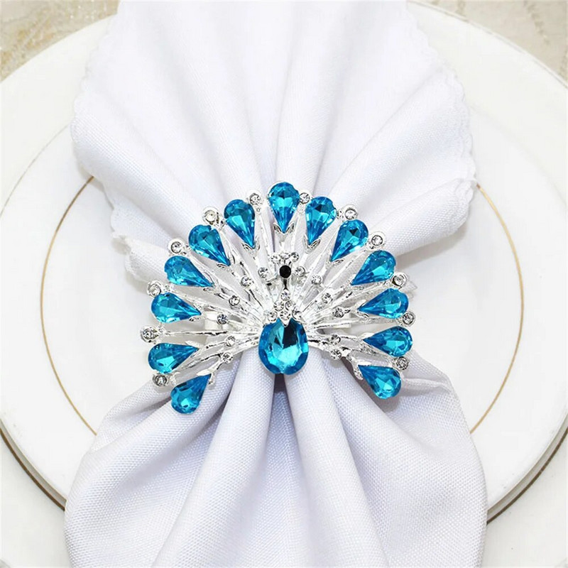 Δαχτυλίδι για χαρτοπετσέτα 2 τμχ Peacock Δαχτυλίδι θήκης για χαρτοπετσέτα από ασημί μπλε στρας για χριστουγεννιάτικο πάρτι γενεθλίων διακόσμηση τραπεζιού σπιτιού