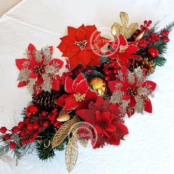 3 ΤΕΜ Χριστουγεννιάτικα λουλούδια Κόκκινο χρυσό Bling Flower Heads For Noel Διακοσμητικά δέντρων σπιτιού Navidad Είδη διακόσμησης τραπεζιού για πάρτι