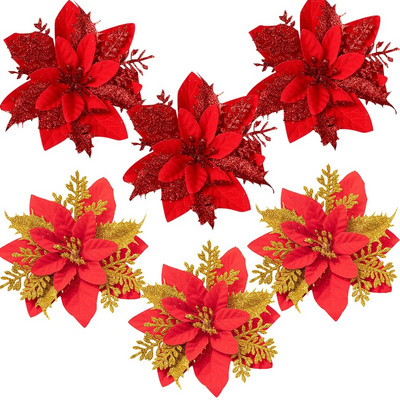 3PCS Коледни цветя Червено злато Bling Flower Heads For Noel Home Tree Decorations Navidad Party Table Set Decor Supplies