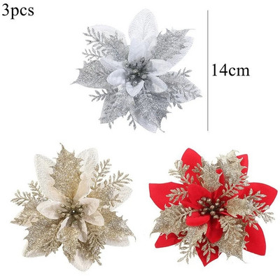 3 vnt Kalėdų gėlės Raudonos aukso spalvos gėlių galvutės, skirtos Noel namų eglutės papuošimams Navidad vakarėlio stalo serviravimo dekoro reikmenys