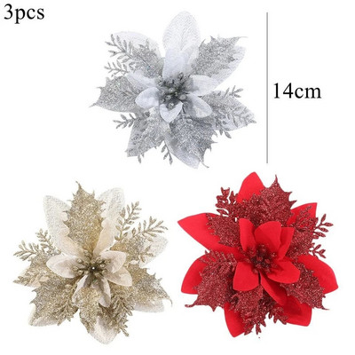 3 vnt Kalėdų gėlės Raudonos aukso spalvos gėlių galvutės, skirtos Noel namų eglutės papuošimams Navidad vakarėlio stalo serviravimo dekoro reikmenys