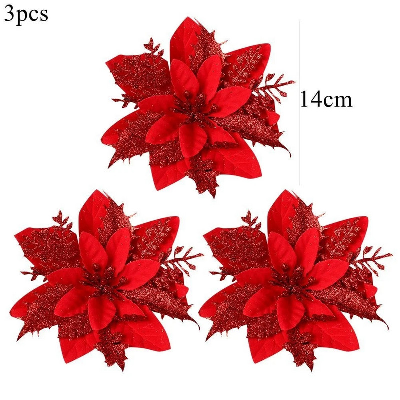 3 vnt Kalėdų gėlės Raudonos aukso spalvos gėlių galvutės, skirtos Noel namų eglutės papuošimams Navidad vakarėlio stalo serviravimo dekoro reikmenys