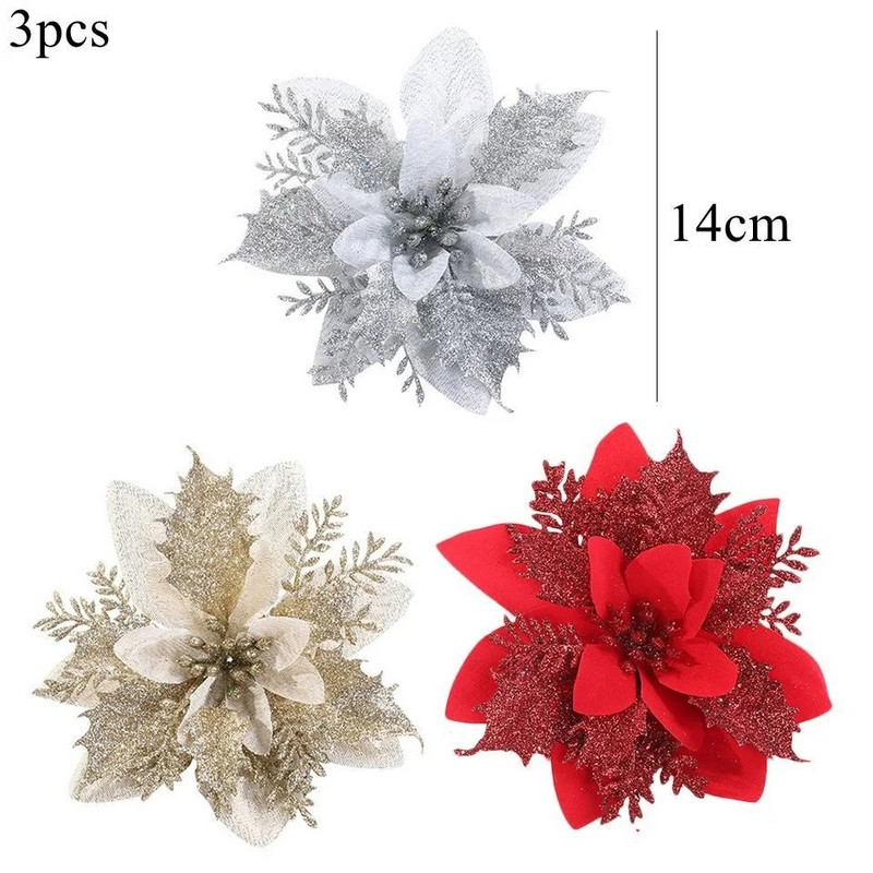 3 vnt Kalėdų gėlės Raudonos aukso spalvos gėlių galvutės, skirtos Noel namų eglutės papuošimams Navidad vakarėlio stalo serviravimo dekoro reikmenys