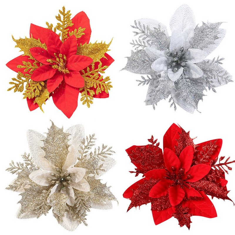3 vnt Kalėdų gėlės Raudonos aukso spalvos gėlių galvutės, skirtos Noel namų eglutės papuošimams Navidad vakarėlio stalo serviravimo dekoro reikmenys