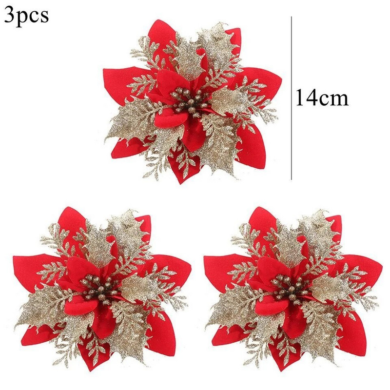 3 vnt Kalėdų gėlės Raudonos aukso spalvos gėlių galvutės, skirtos Noel namų eglutės papuošimams Navidad vakarėlio stalo serviravimo dekoro reikmenys