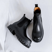 Νέα ανδρικά διπλή πλατφόρμα Chelsea μπότες Microfiber Leather Slip On Ankle Boots Ανδρικά χοντρά casual παπούτσια Μόδα μπότες μοτοσυκλέτας