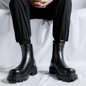 Нови мъжки ботуши Челси с двойна платформа Микрофибърни кожени ботуши с приплъзване до глезена Мъжки едри ежедневни обувки Модни мотоциклетни ботуши
