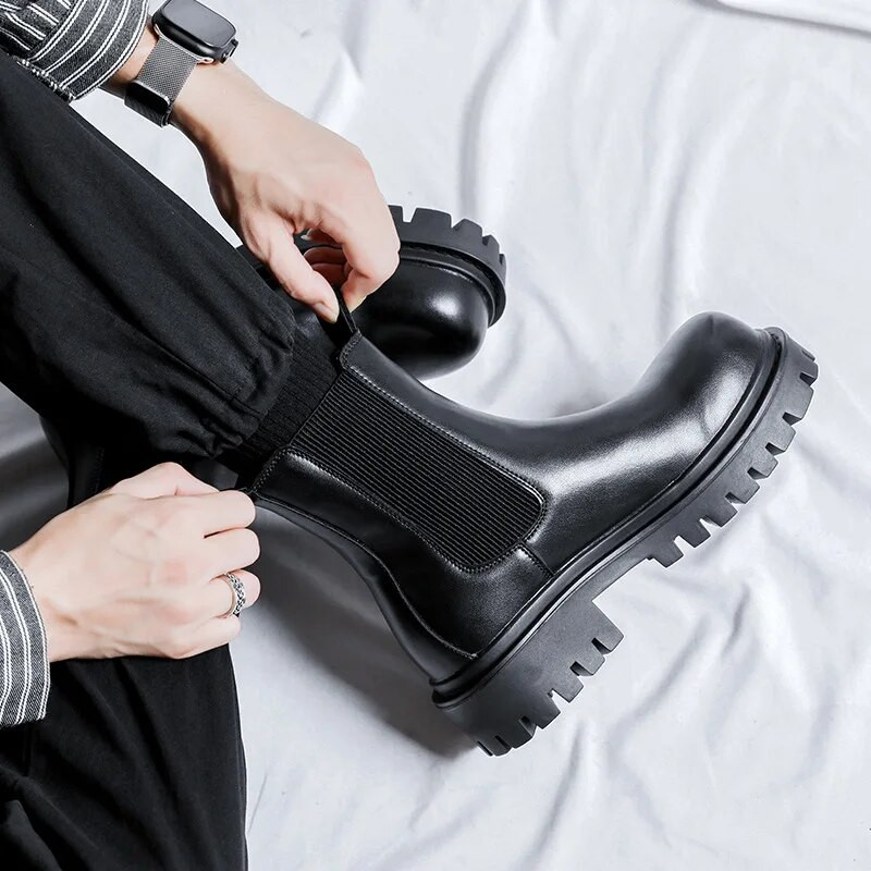 Νέα ανδρικά διπλή πλατφόρμα Chelsea μπότες Microfiber Leather Slip On Ankle Boots Ανδρικά χοντρά casual παπούτσια Μόδα μπότες μοτοσυκλέτας