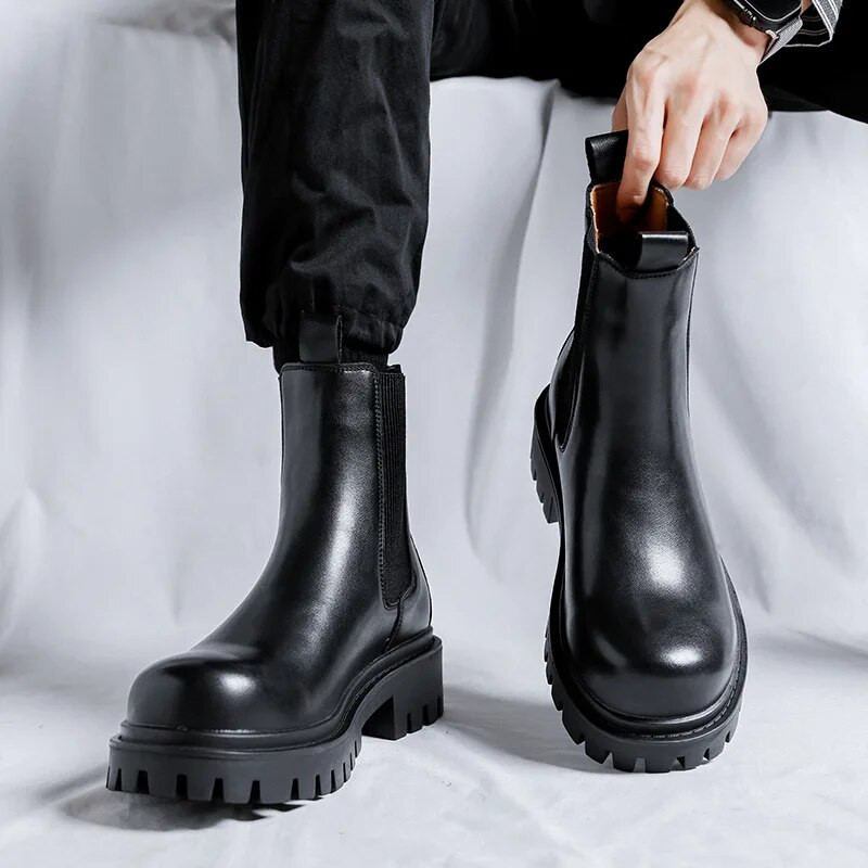 Νέα ανδρικά διπλή πλατφόρμα Chelsea μπότες Microfiber Leather Slip On Ankle Boots Ανδρικά χοντρά casual παπούτσια Μόδα μπότες μοτοσυκλέτας