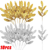 10/1 tk Kunstlikud sädelevad lehed Plastikust jõulupuu kaunistused varrelilled võltstaimed Kodu jõulupeo pulmalaua kaunistused