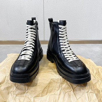 Мъжки ботуши Челси на платформа Ежедневни кожени боти до глезена Мъжки обувки Модни улични мъжки обувки с връзки