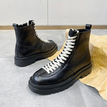 Мъжки ботуши Челси на платформа Ежедневни кожени боти до глезена Мъжки обувки Модни улични мъжки обувки с връзки