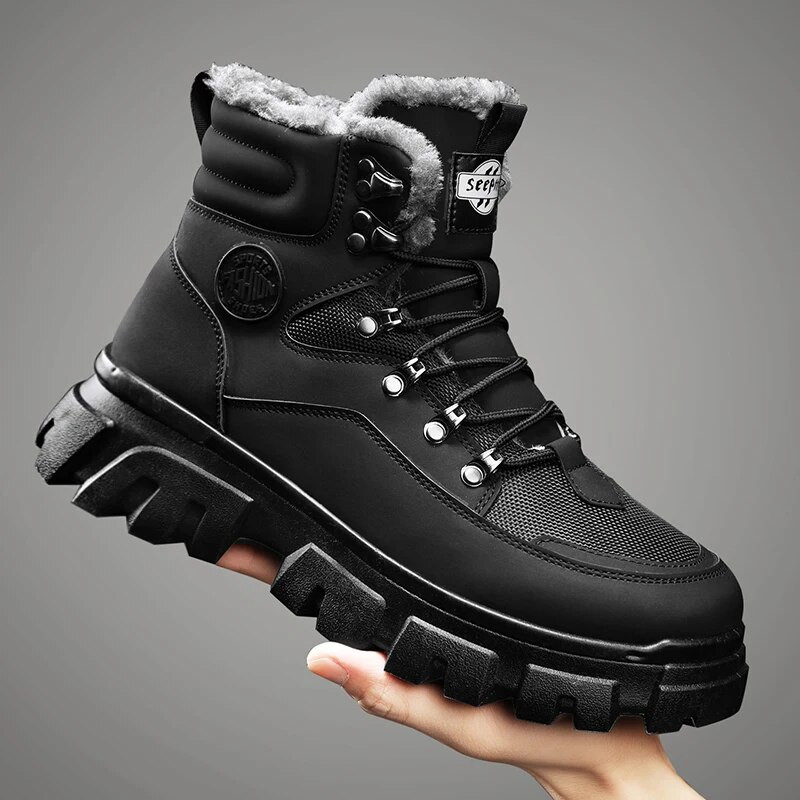 Pantofi de drumeție outdoor din piele pentru bărbați, cizme casual din bumbac, cizme de iarnă pentru zăpadă