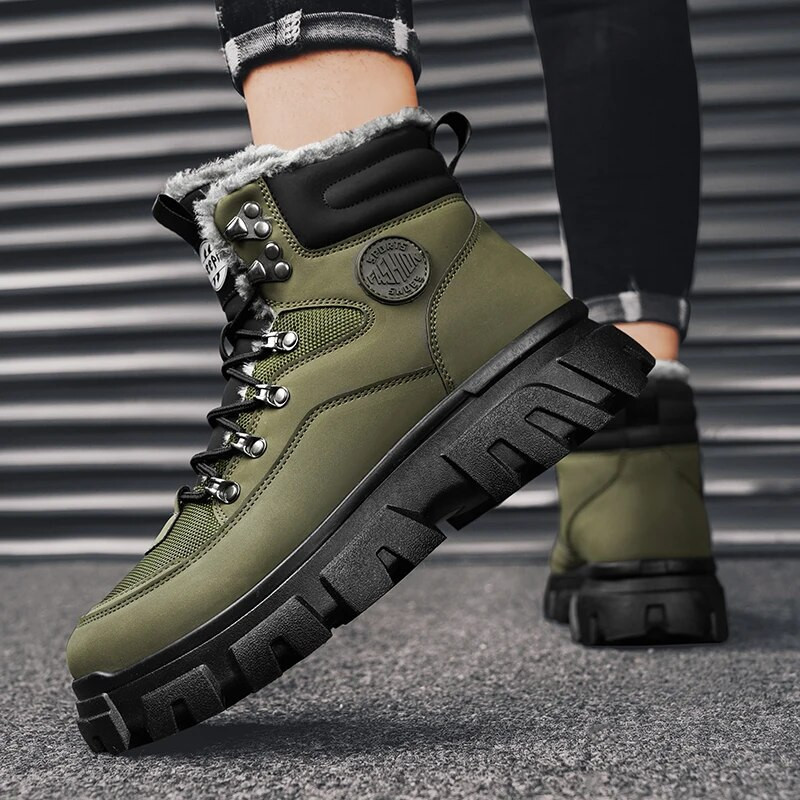 Pantofi de drumeție outdoor din piele pentru bărbați, cizme casual din bumbac, cizme de iarnă pentru zăpadă