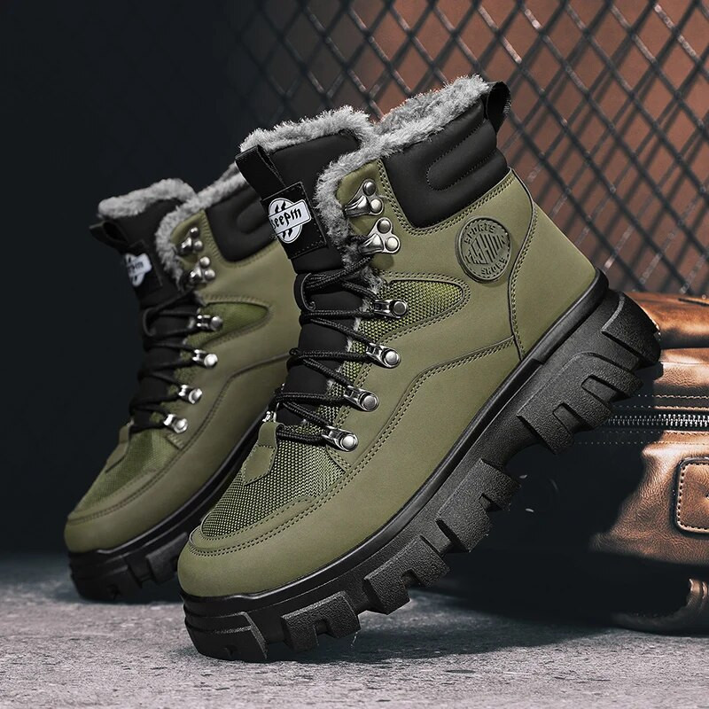 Pantofi de drumeție outdoor din piele pentru bărbați, cizme casual din bumbac, cizme de iarnă pentru zăpadă