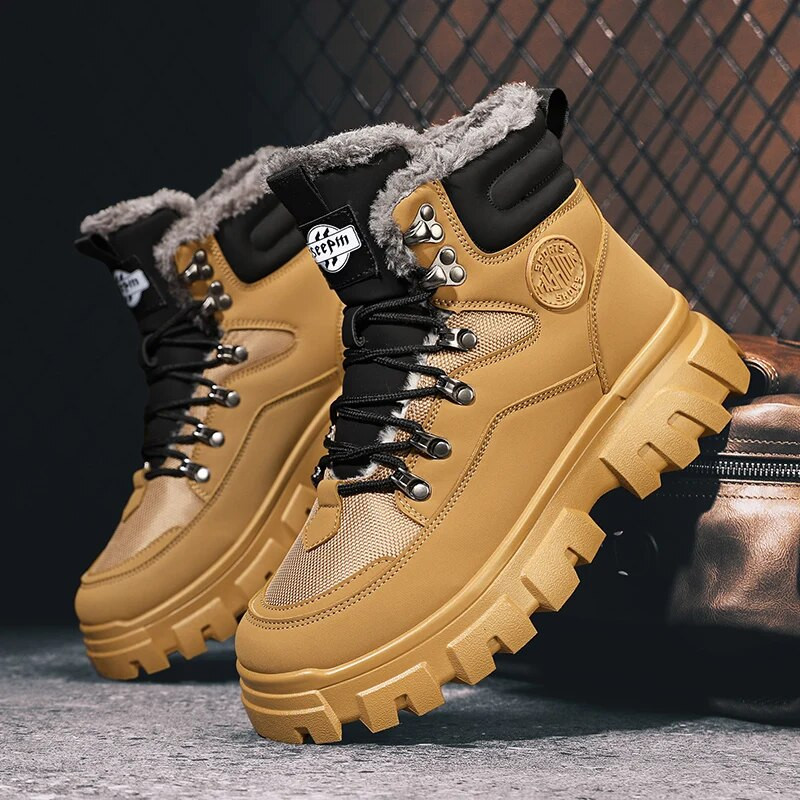 Pantofi de drumeție outdoor din piele pentru bărbați, cizme casual din bumbac, cizme de iarnă pentru zăpadă