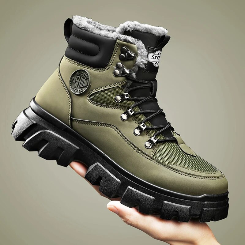 Pantofi de drumeție outdoor din piele pentru bărbați, cizme casual din bumbac, cizme de iarnă pentru zăpadă