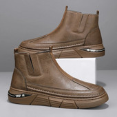 Vīriešu apavi ar augstu augšdaļu Ikdienas Chelsea zābaki, elpojoši uzvelkami ādas Oxford Martin āra darba un drošības zābaki ar rāvējslēdzēju